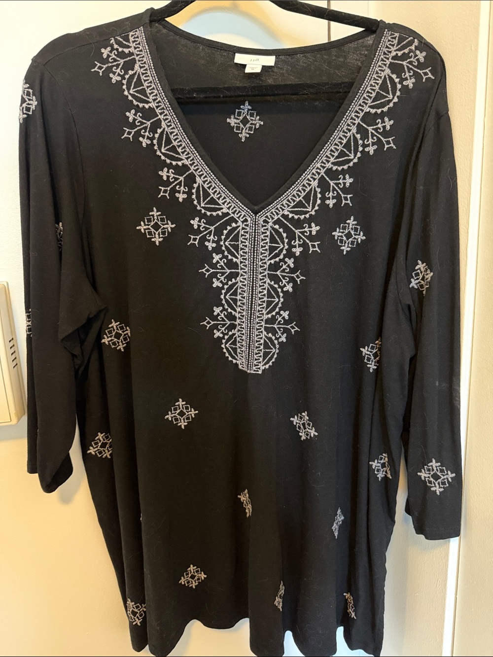 J. Jill Black V-Neck Tunic with Light Gray Embroidery